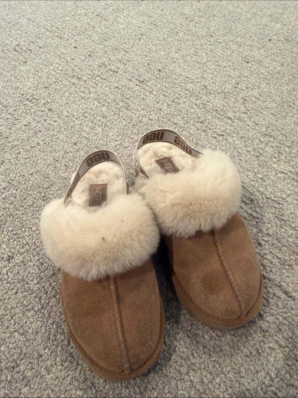 UGG Tan Suede Shearling Clog Slides with Cream Fur Collar